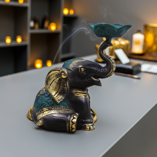 Indonesian elephant incense holder in brass with spiritual symbolism, perfect for meditation and creating peaceful home atmosphere