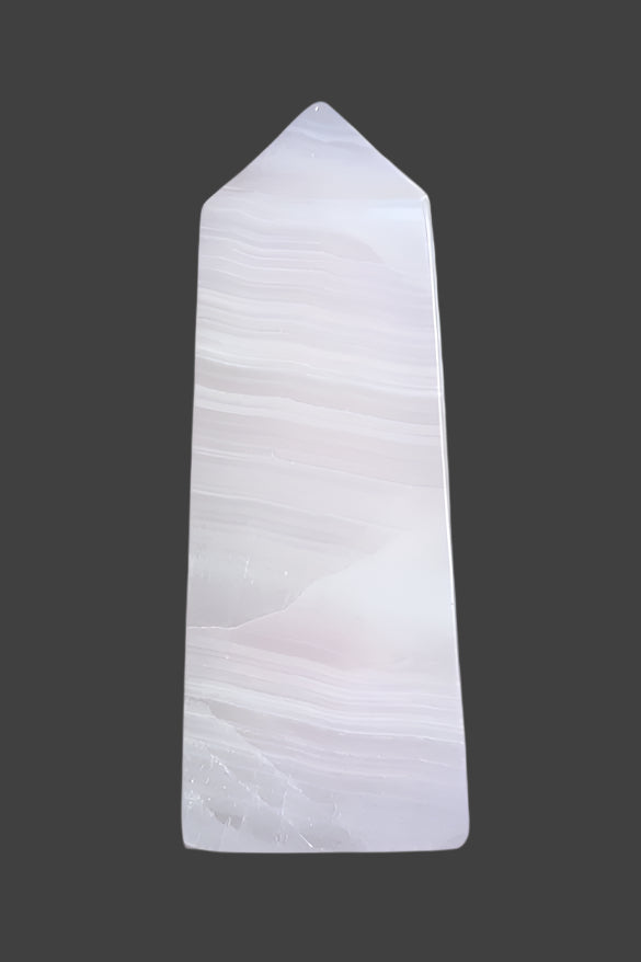 Light pink mangano calcite obelisk with beautiful white bandings