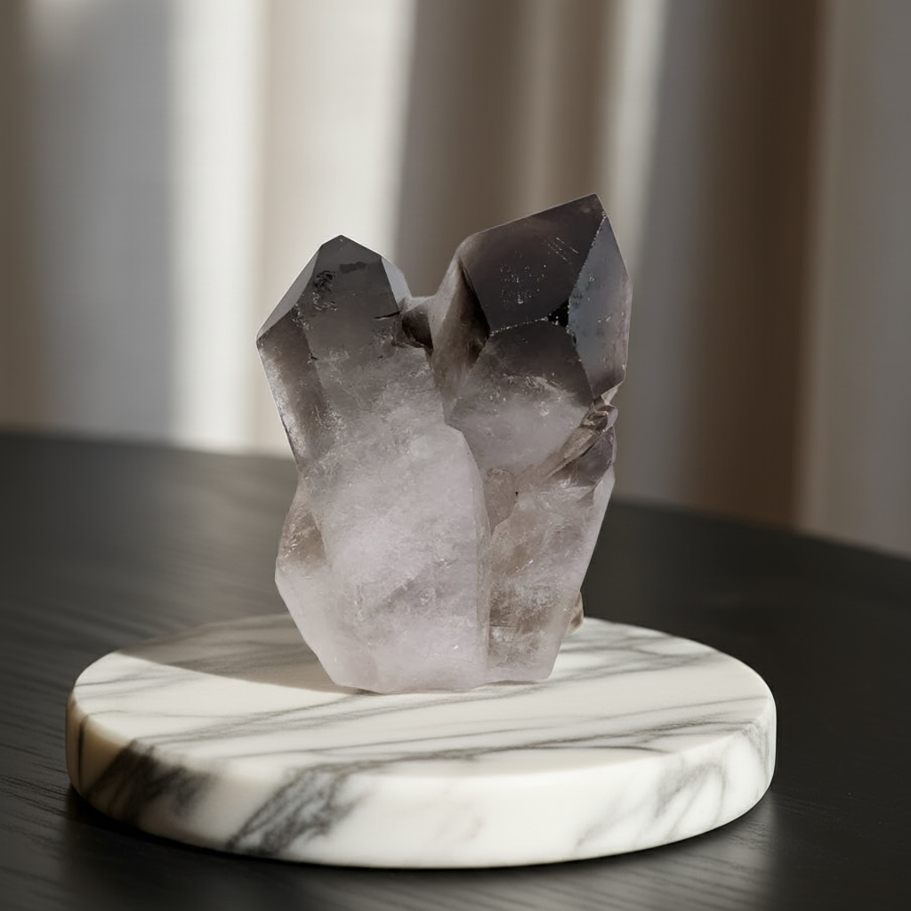 Brazilian smoky quartz on a marble platform perfect for meditation