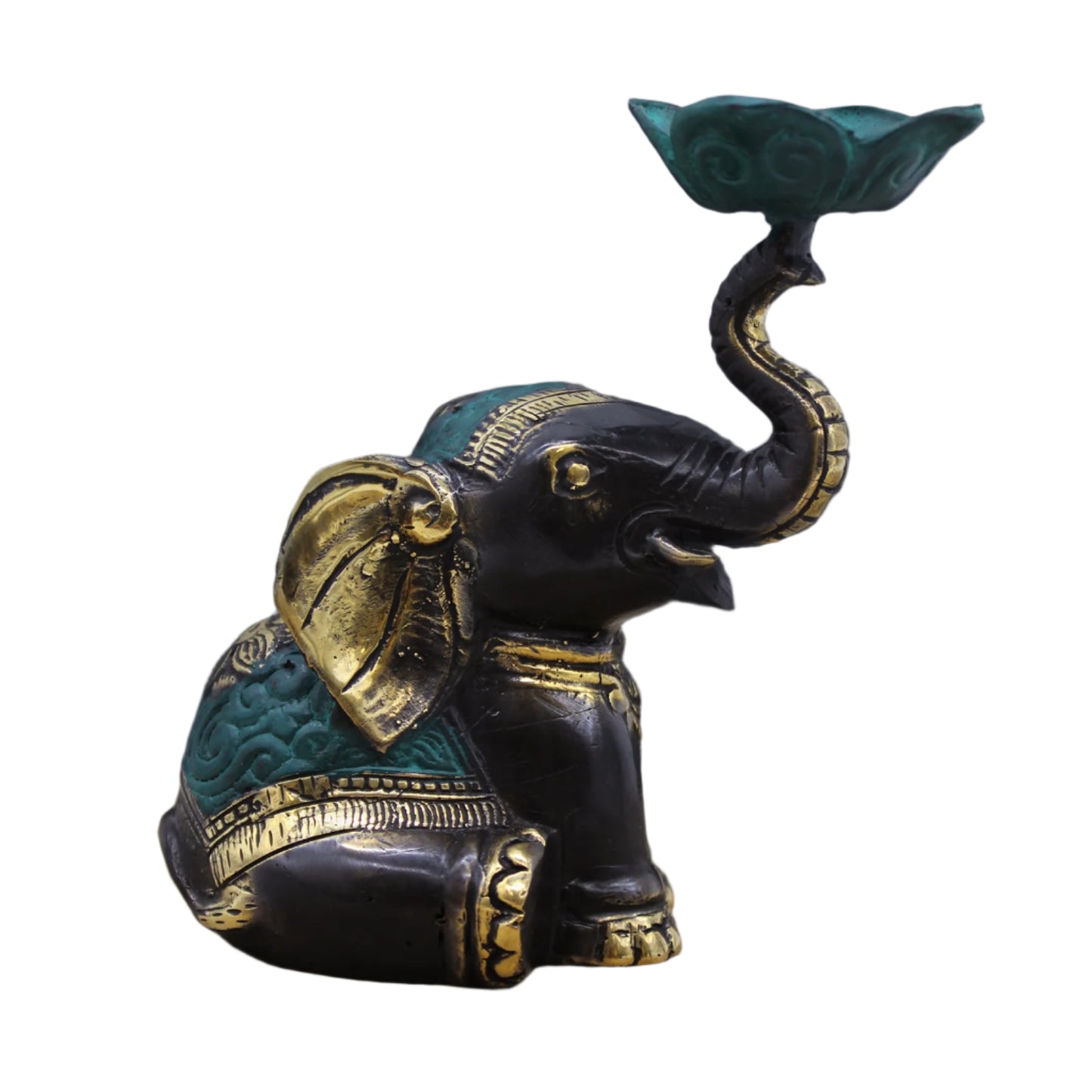 Handcrafted brass elephant incense holder from Indonesia showing intricate details