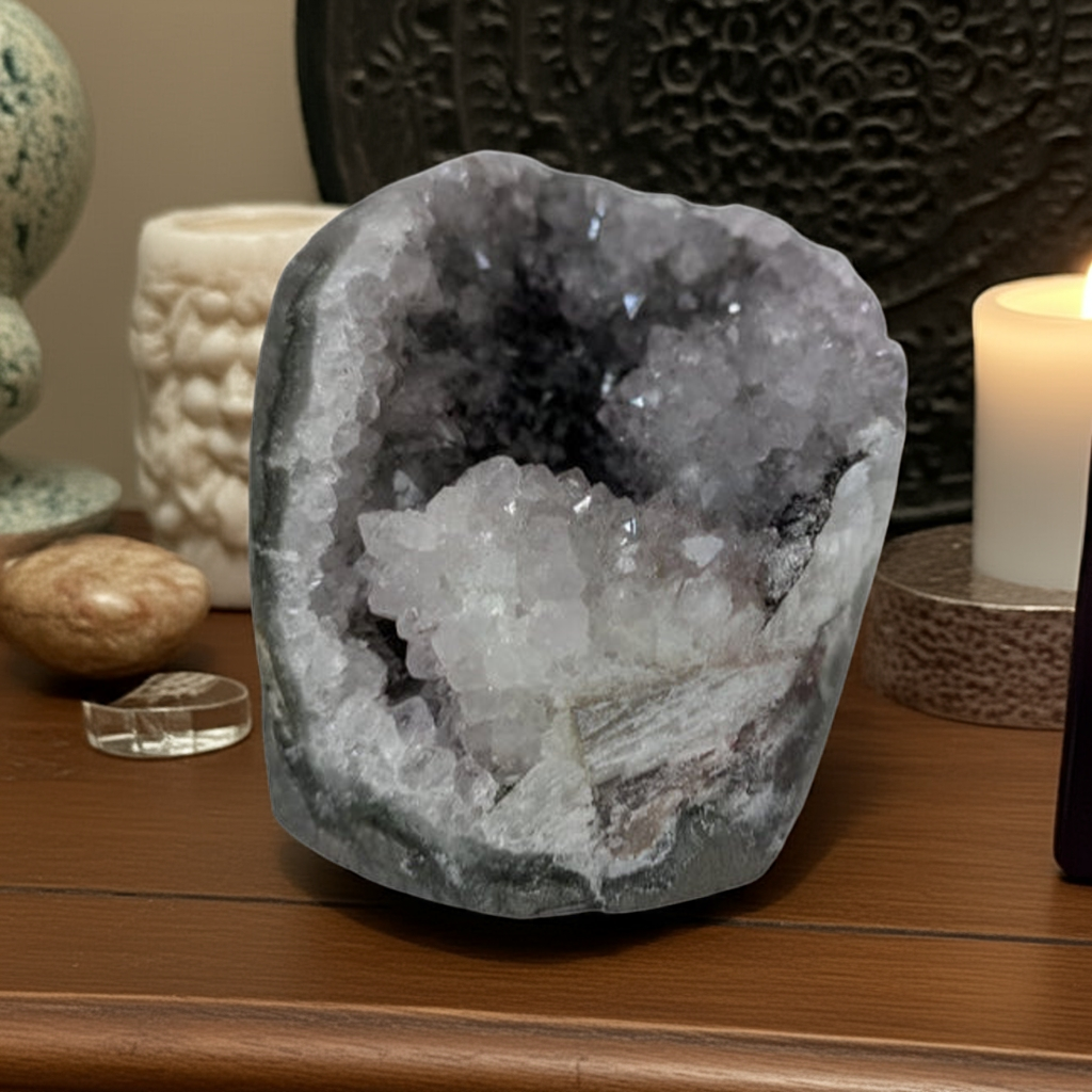 Mesmeriszing Amethyst geode with bright white and deep purple druze