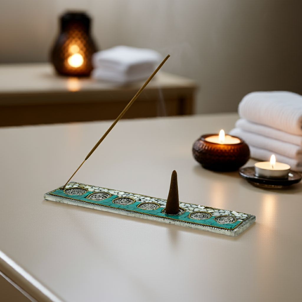 Chakra incense holder arranged with candles and towels in spa-like wellness and relaxation setting