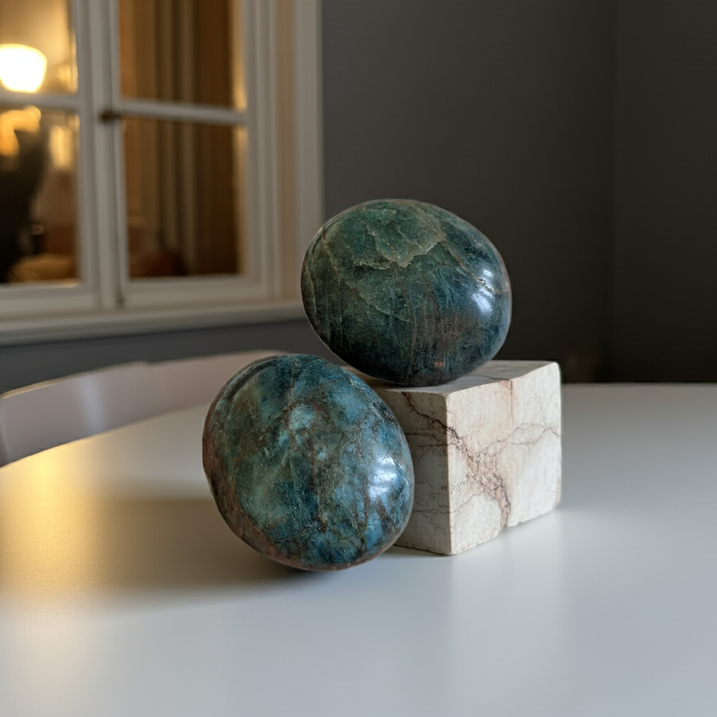 Ethically sourced Blue Apatite Palmstones from Brazil stacked on display showing natural mineral formation