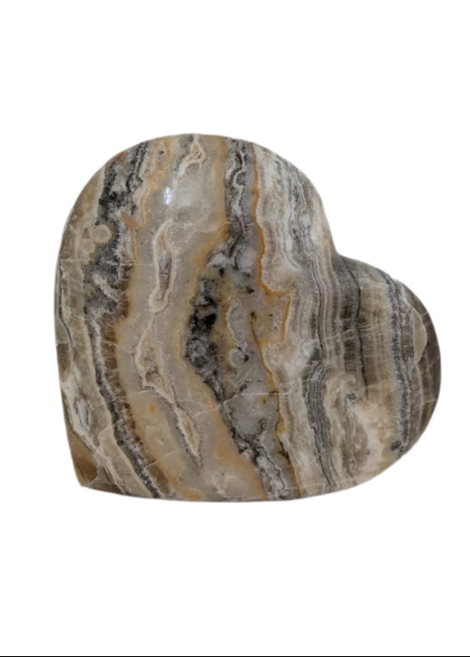 Bumblebee Calcite heart crystal with yellow and black banding from Pakistan