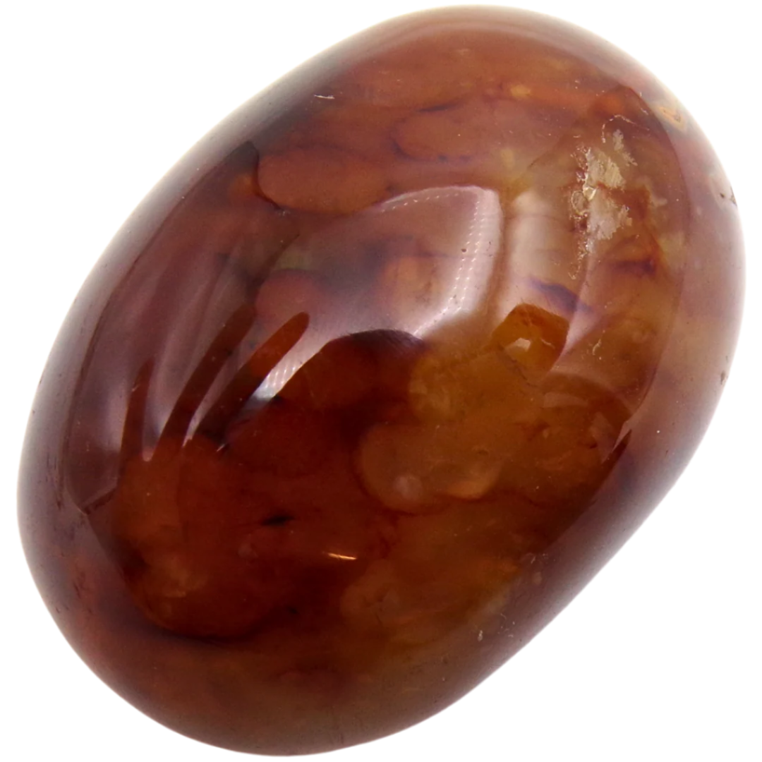 Carnelian palmstone with deep red and amber inclusions from Brazil