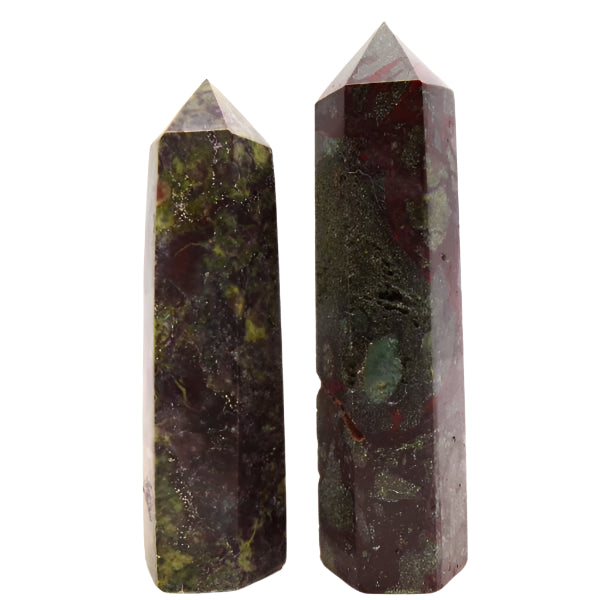 Dragons Blood Jasper polished points showing red and green coloration