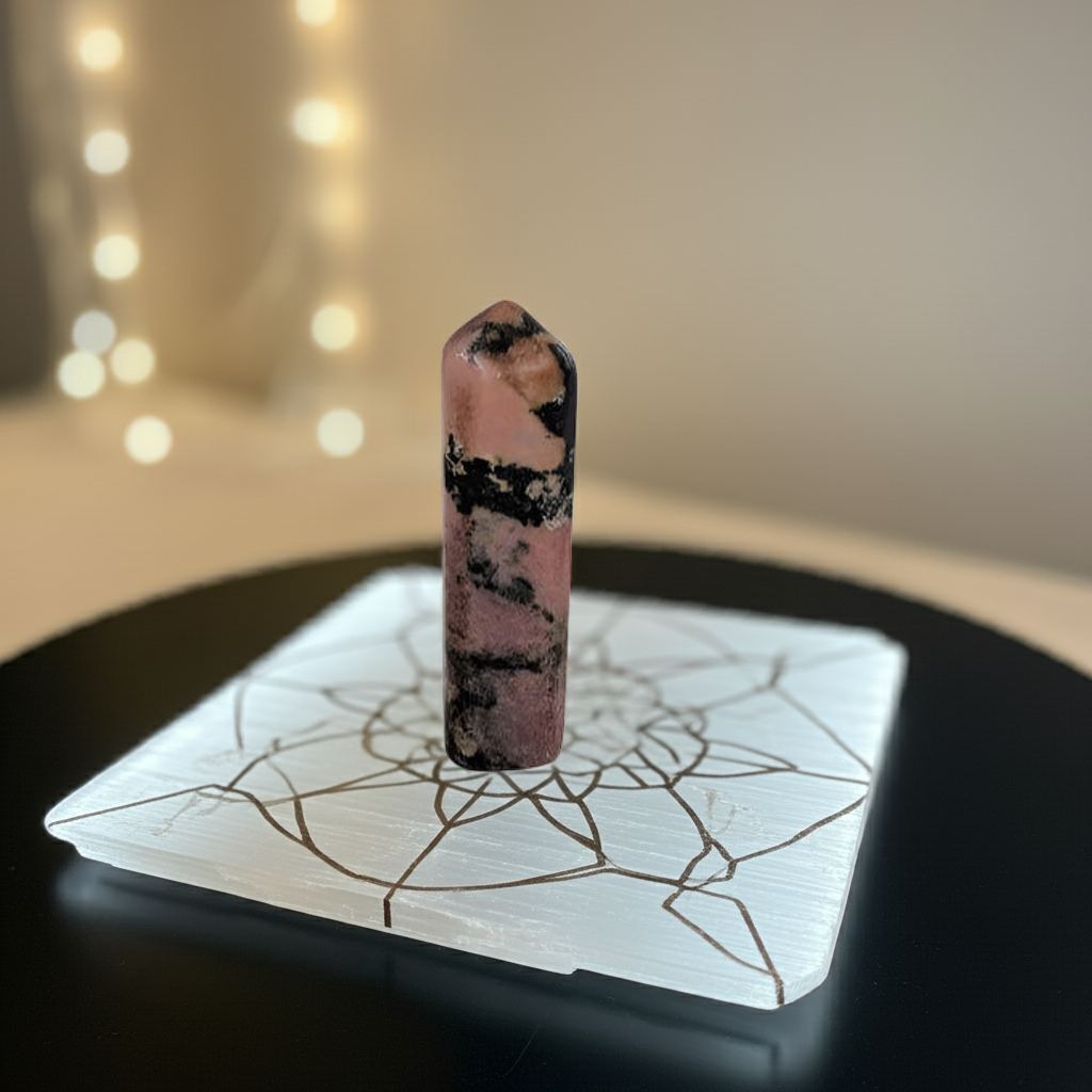 Mini Rhodonite obelisk, perfect for crystal grid work