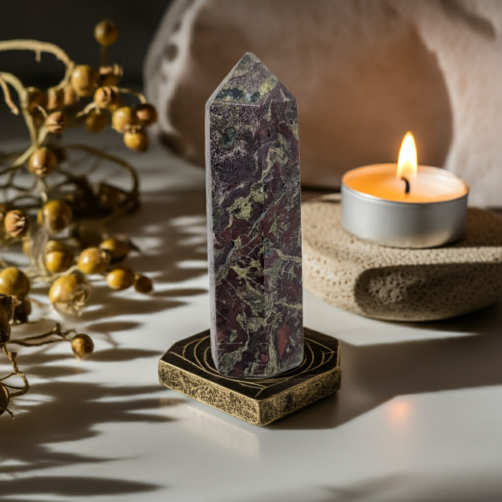 Dragons blood jasper on an alter, promoting vitality and spiritual strength