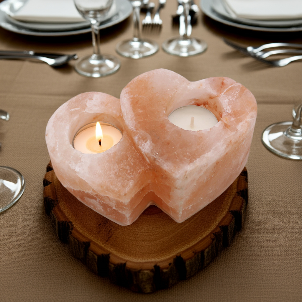 Experience the romantic glow of these double heart candle holders made with natural Himalayan salt