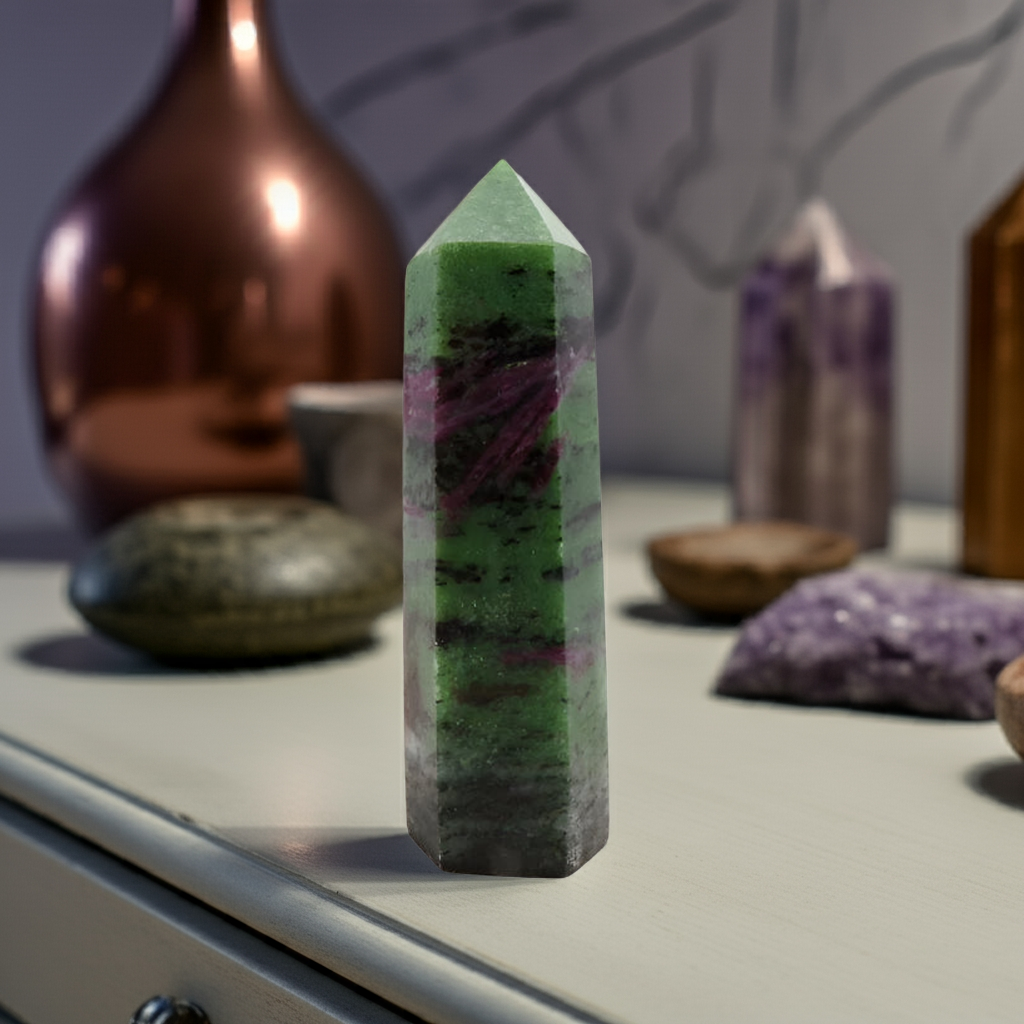 Natural ruby in zoisite crystal point showcasing green zoisite matrix with ruby inclusions, arranged with other healing crystals