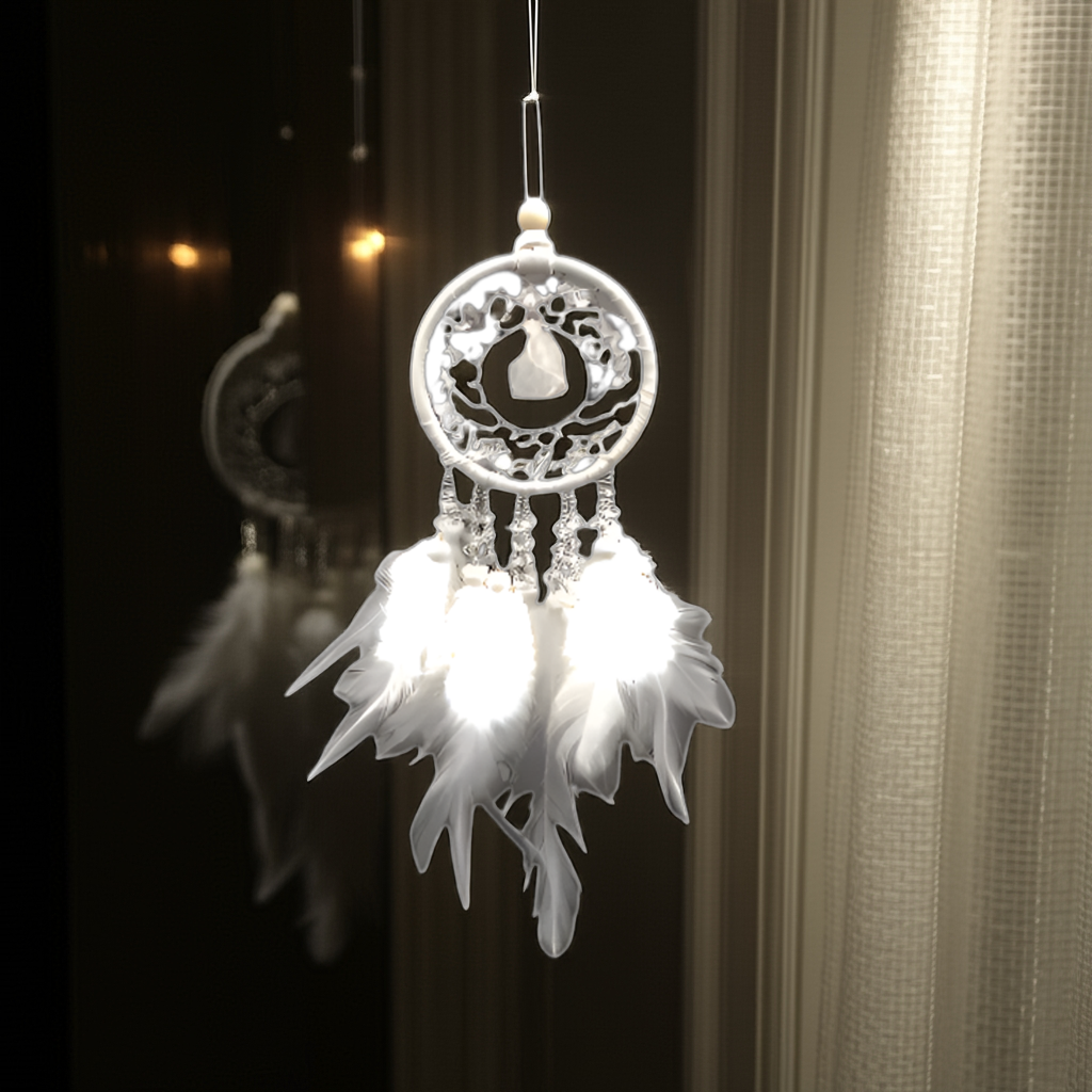 White dreamcatcher with clear quartz crystals & Feathers