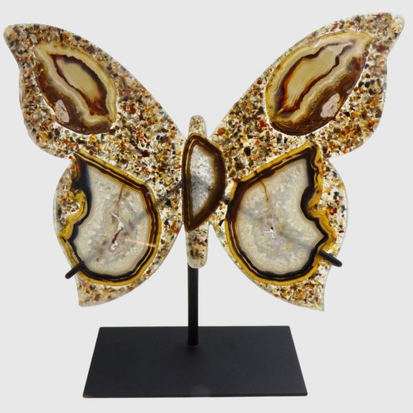 Natural agate slice butterfly sculpture with metal stand - luxury home decor