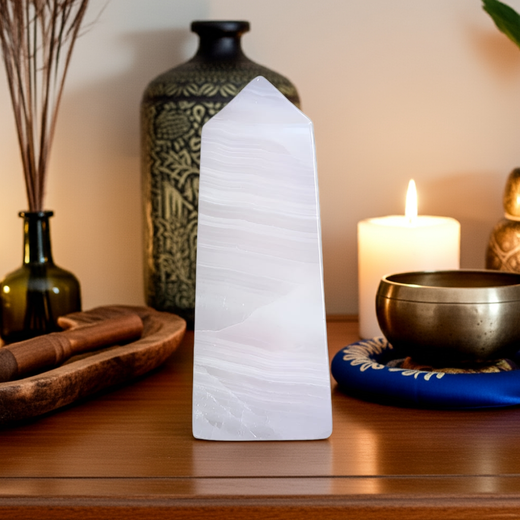 Mangano calcite obelisk from Peru displayed on dresser with singing bowls, candles in spiritual home decor arrangement