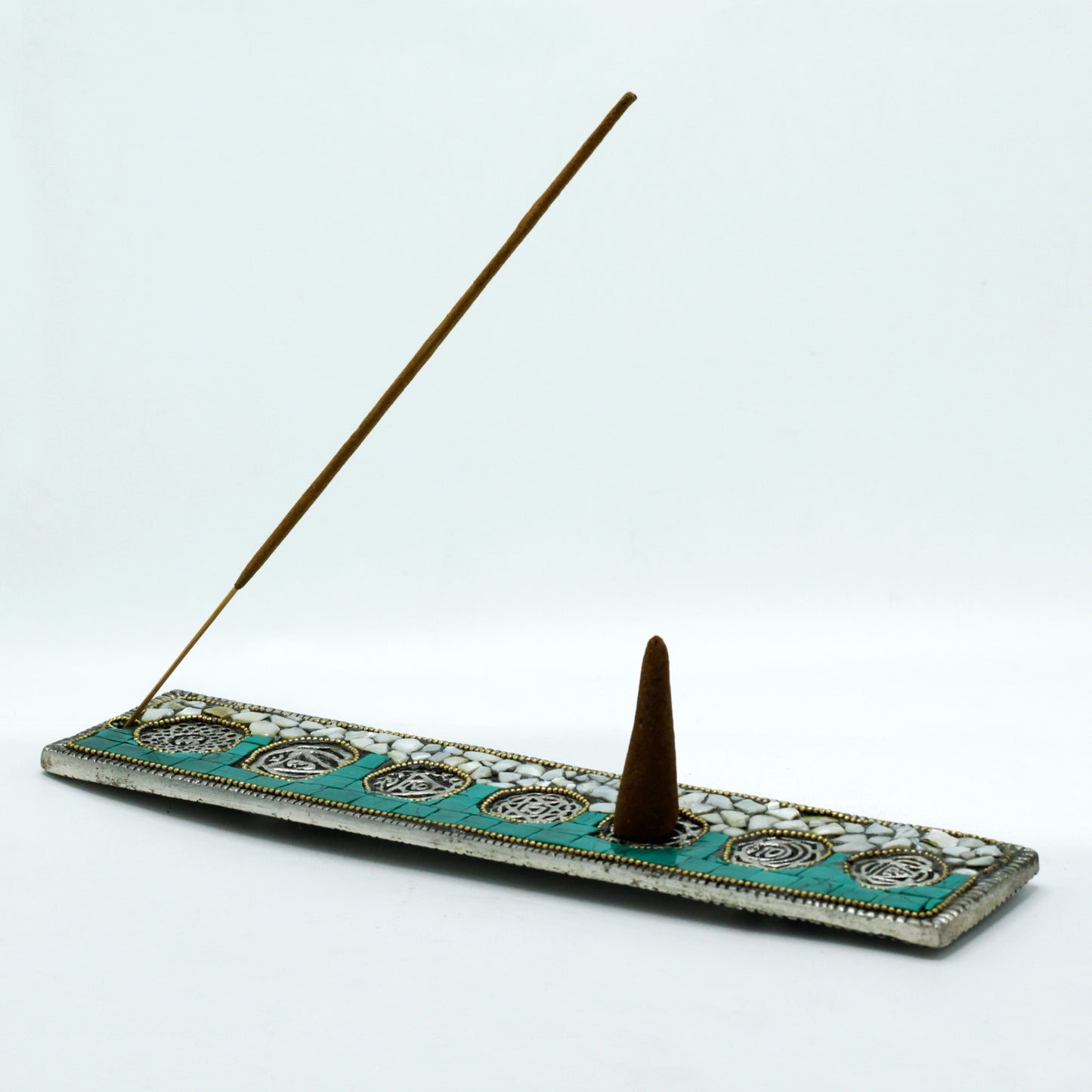 Seven chakra Tibetan mosaic incense holder with colourful mosaic inlays