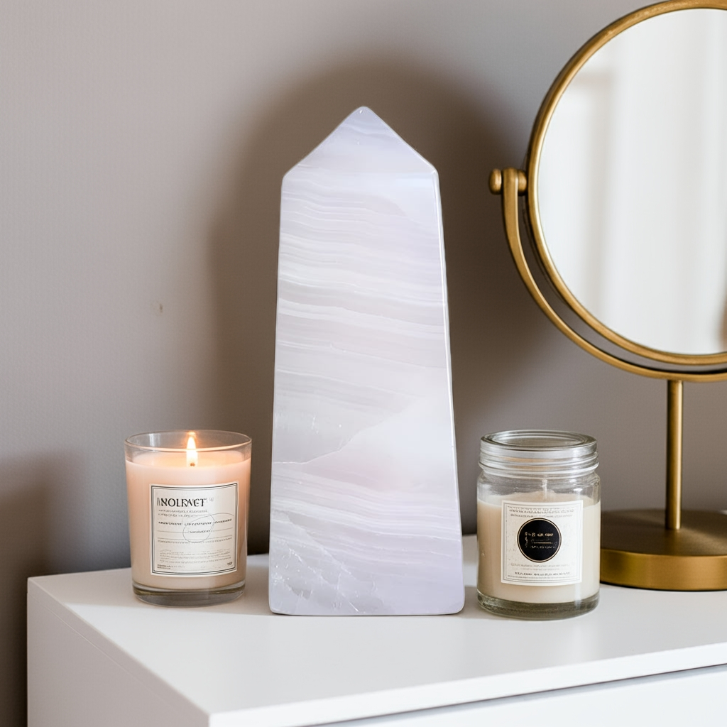 Rare Peruvian mangano calcite crystal obelisk styled in elegant spiritual sanctuary with reflective mirrors, candles.