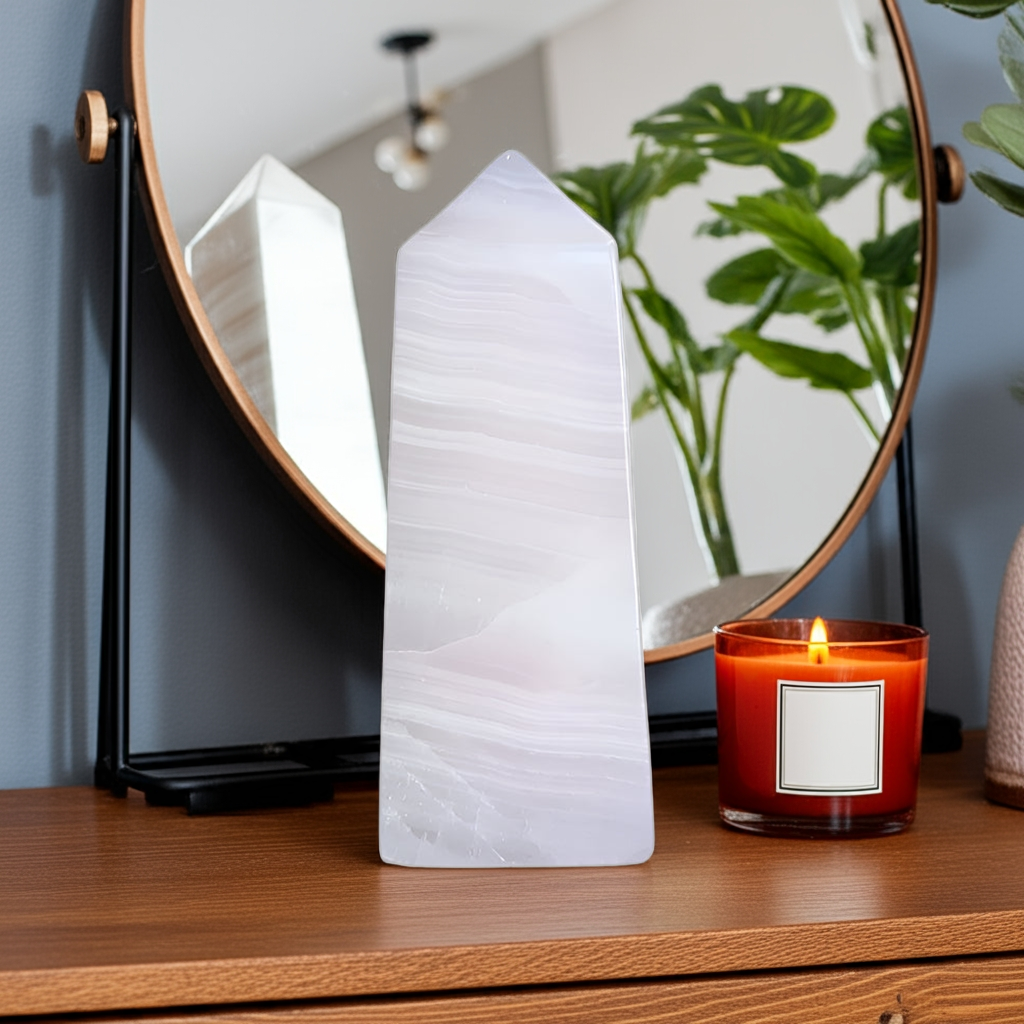 Pink mangano calcite heart chakra healing stone on dresser with mirror and candles, home decor display
