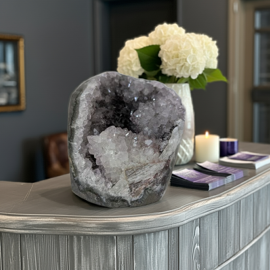 Amethyst crystal displayed on grey curved reception desk with business cards and flowers in professional office decor