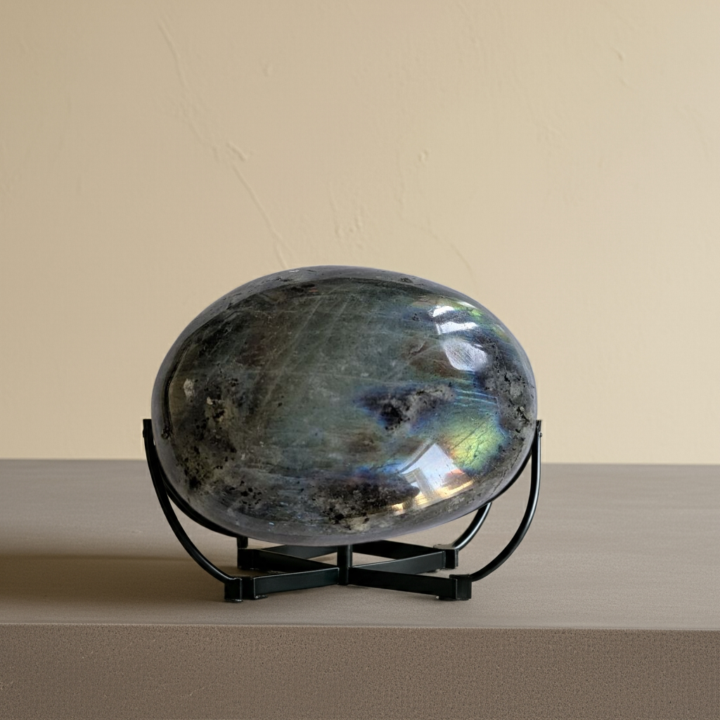 Madagascar Labradorite palm stone on stand, perfect for transformation meditation