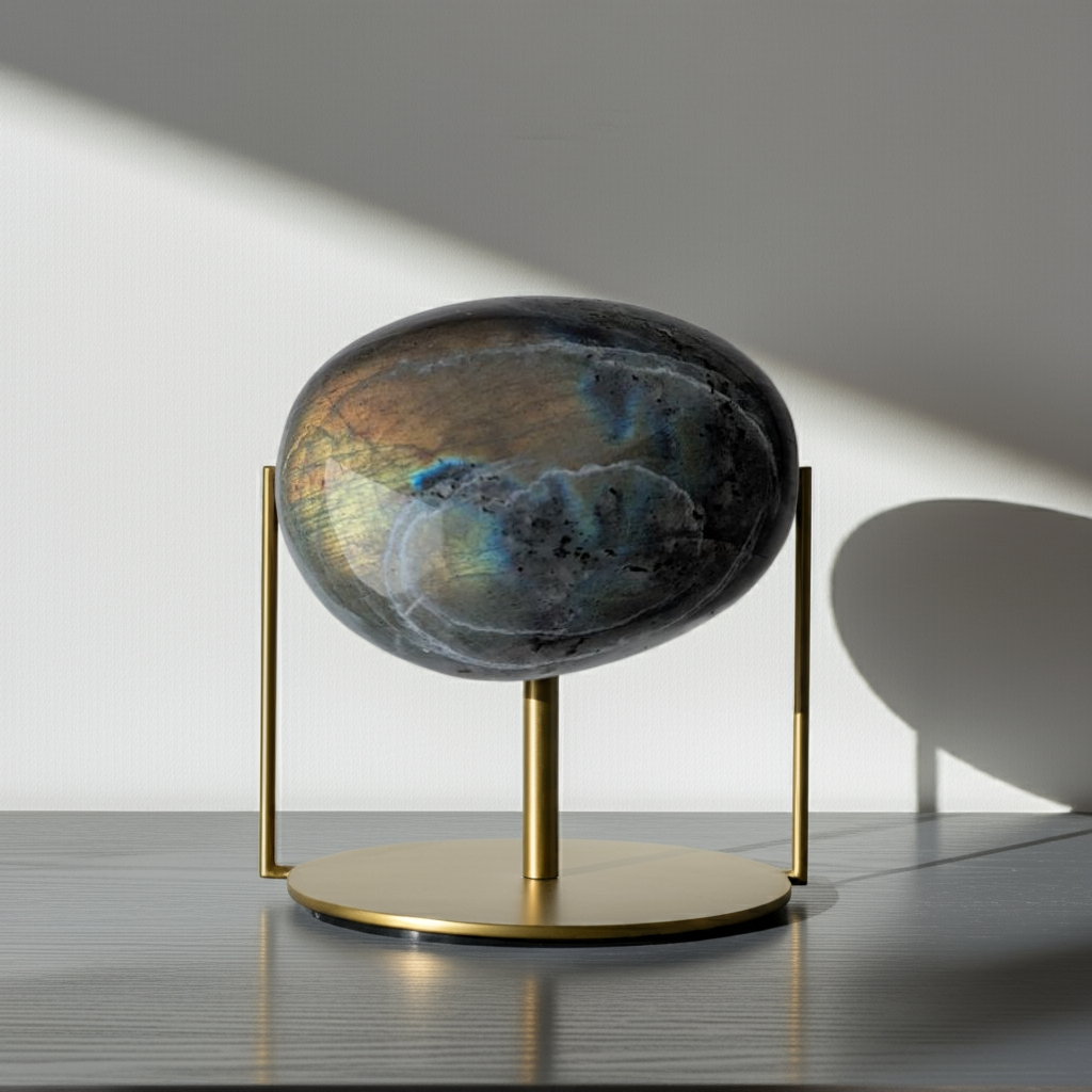 A Labradorite palm stone showcasing its labradorescence, a visual phenomenon