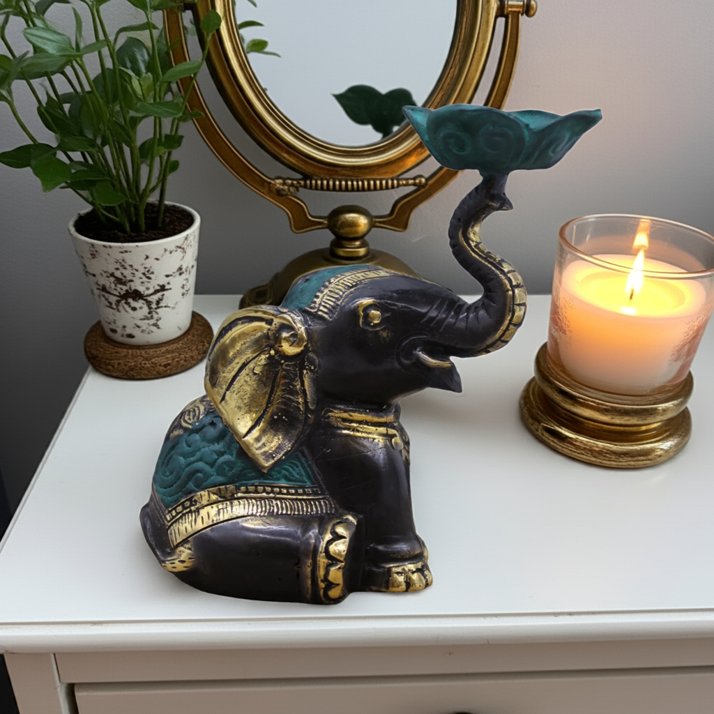 Handcrafted brass elephant incense holder from Indonesia, featuring intricate details and stable 470g weight for safe incense burning