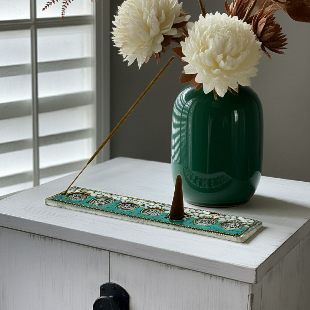 Colourful chakra incense burner on cabinet with flowers near window, creating peaceful spiritual atmosphere