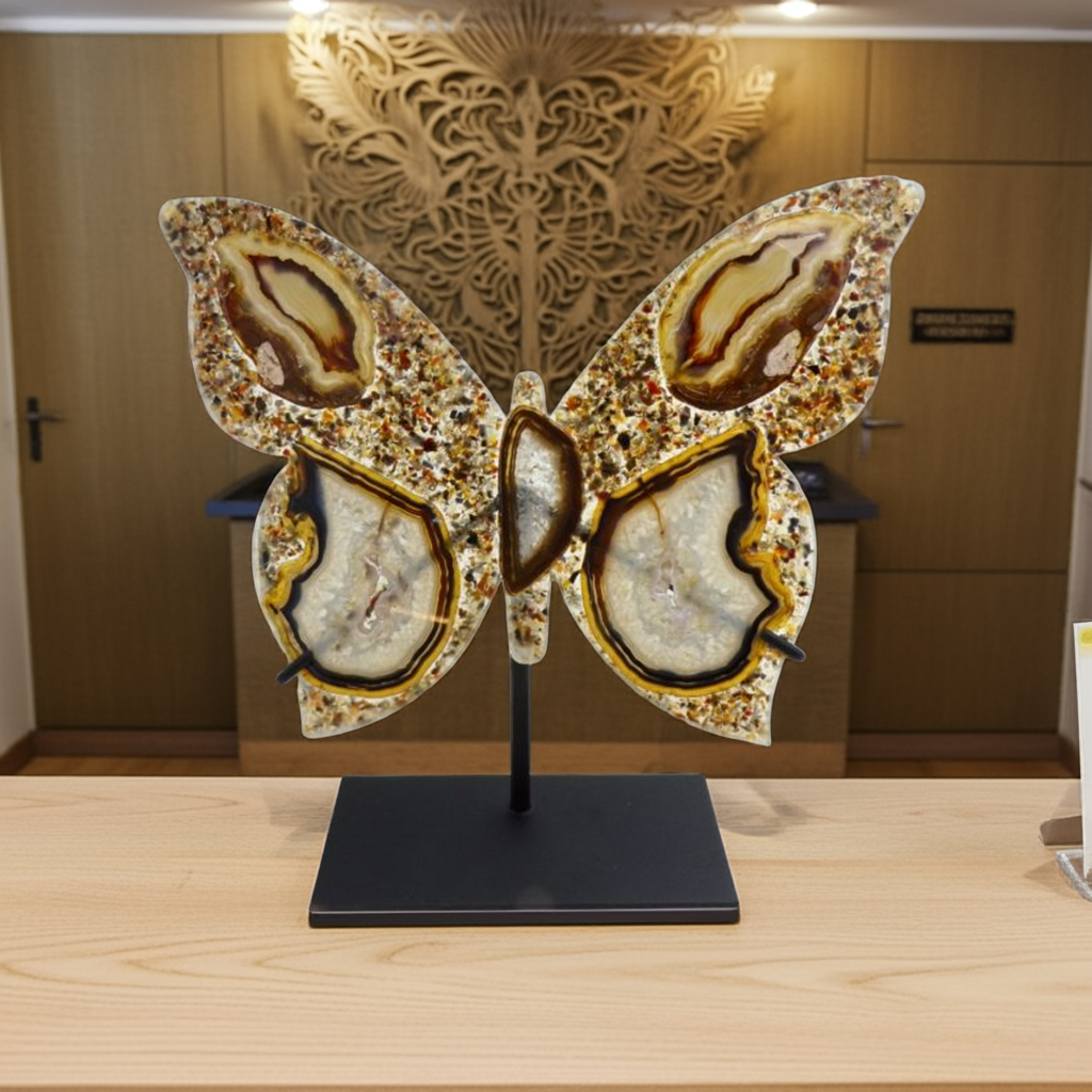 Brazilian agate butterfly sculpture on metal stand, showcasing natural banding patterns and geological artistry weighing 322g