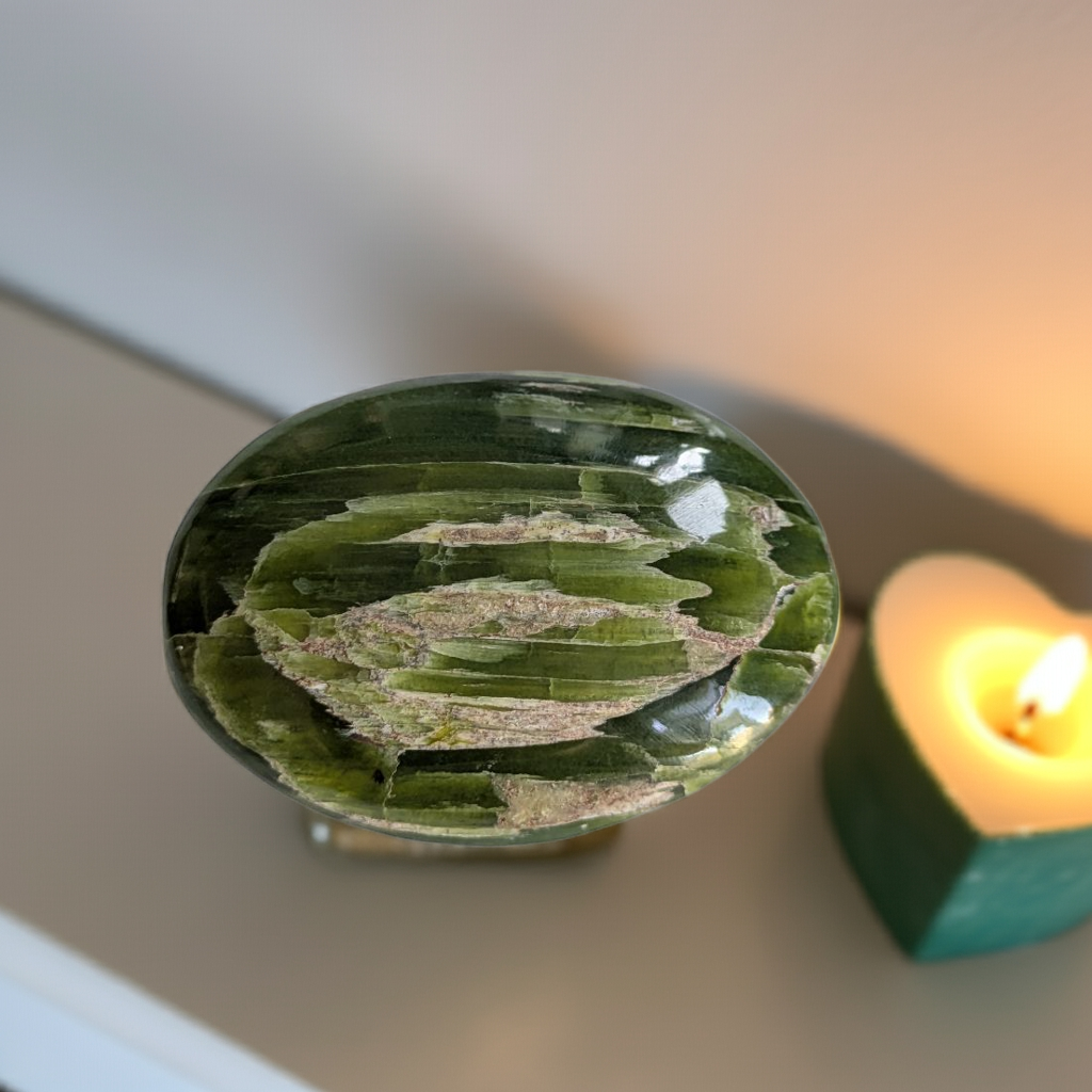 USA Tremolite Palmstone polished green crystal with yellow banding for heart chakra healing