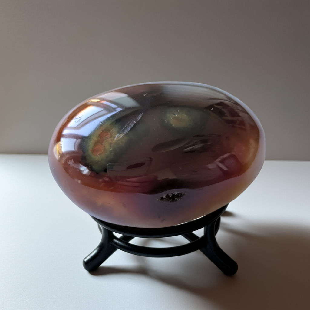Brazilian Carnelian palm stone on stand with mesmerising green circle pattern
