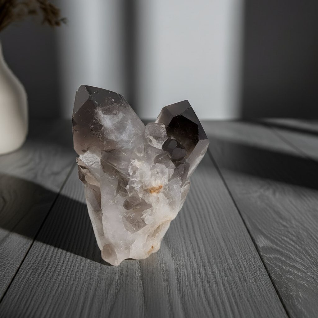 Irradiated smoky quartz cluster for grounding and root chakra healing