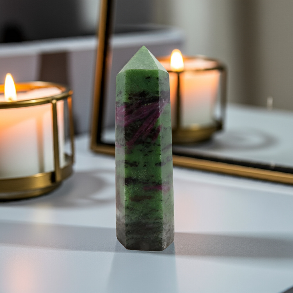 Ruby in zoisite polished point crystal from China displayed with mirror and candle in elegant spiritual home decor arrangement
