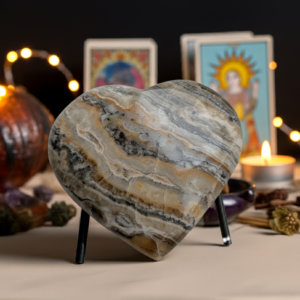 Bumblebee Calcite Heart crystal on wooden table surrounded by tarot cards and lit candles, creating mystical spiritual altar setup for meditation and divination