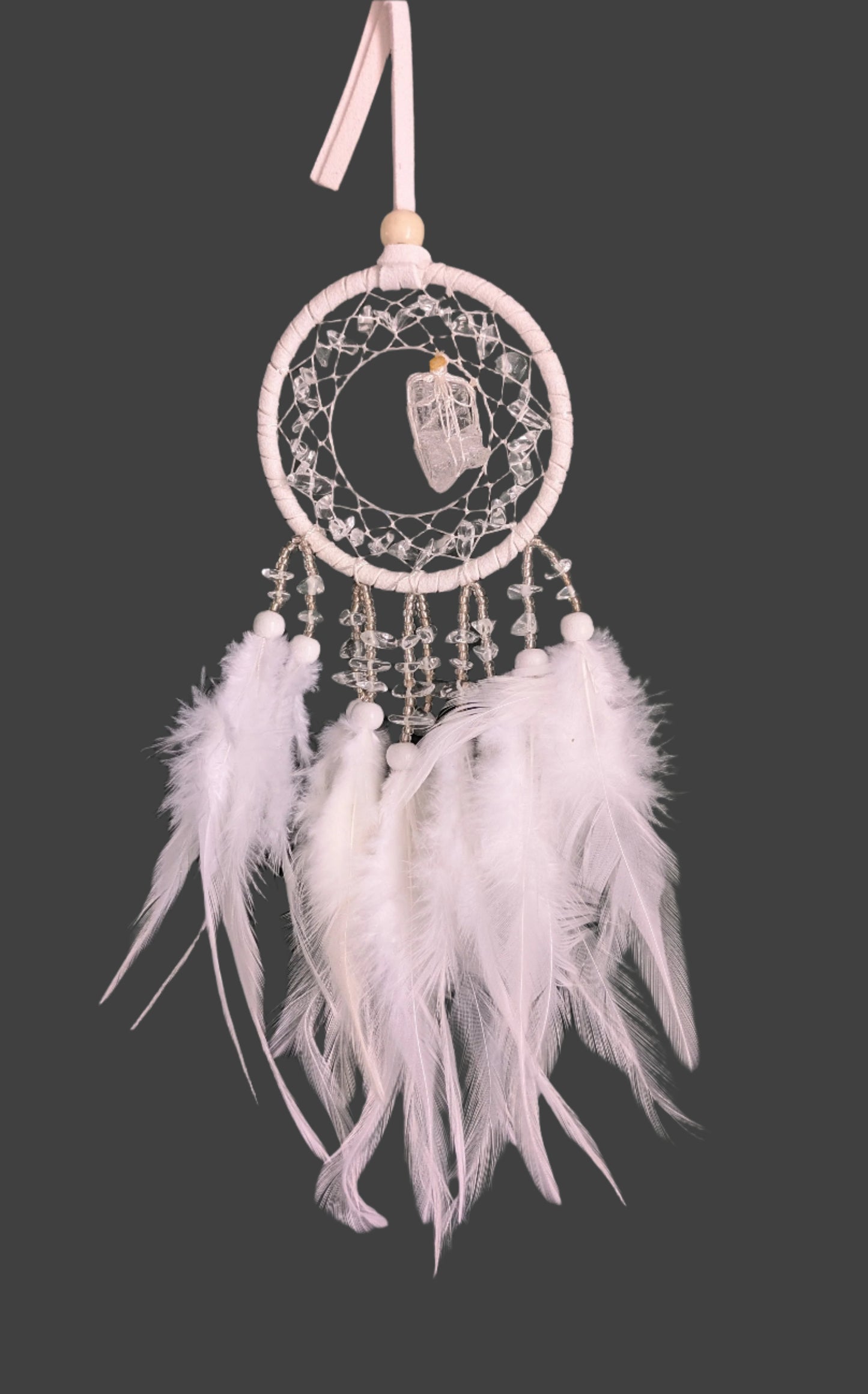 White dreamcatcher with feathers and clear quartz for peaceful sleep